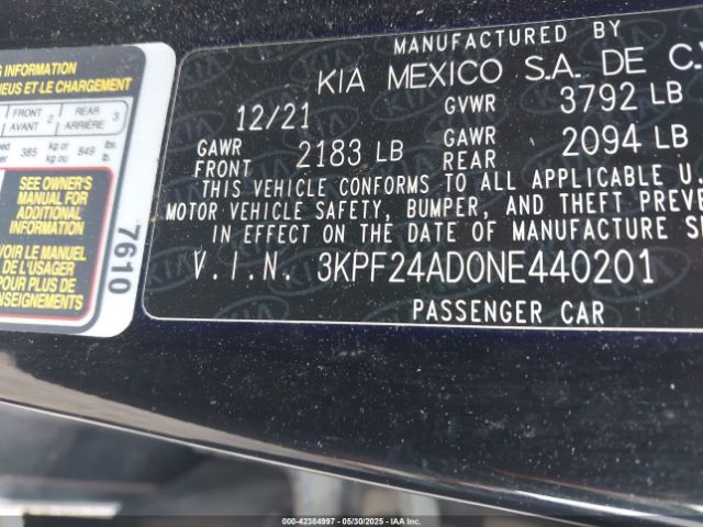 3KPF24AD0NE440201 KIA mpi nu