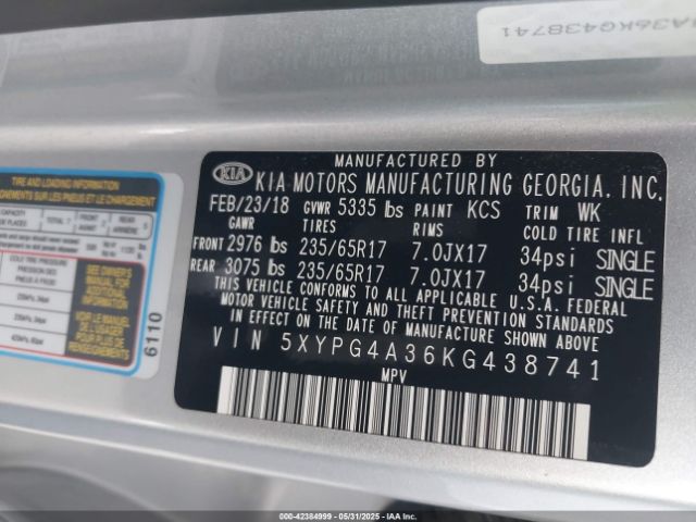 5XYPG4A36KG438741 KIA Sorento 2.4l Lx