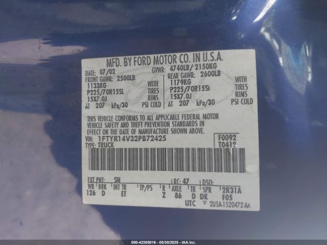 2002 FORD RANGER 1FTYR14V32PB72425 Photo 8