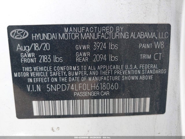 5NPD74LF0LH618060 Hyundai mpi nu