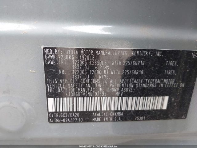 4T3B6RFV8NU102695 Toyota Rav4 Xle Premium