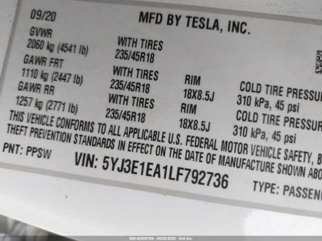 2020 TESLA MODEL 3 5YJ3E1EA1LF792736 Photo 8