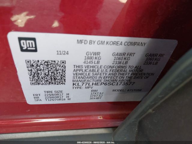 KL77LHEP6SC173577 Chevrolet Trax Fwd Lt