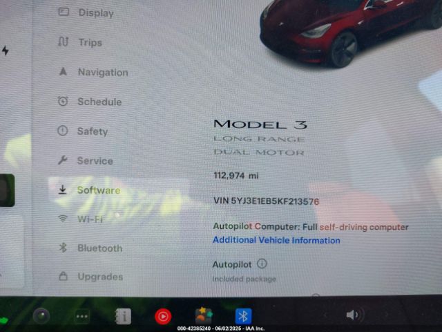 5YJ3E1EB5KF213576 Tesla MODEL 3