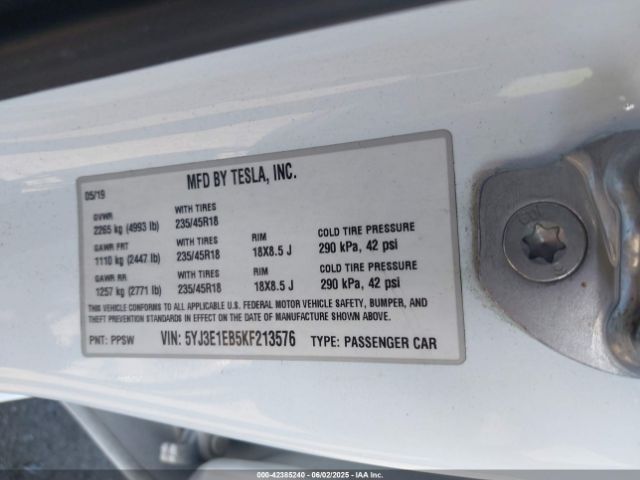 5YJ3E1EB5KF213576 Tesla MODEL 3