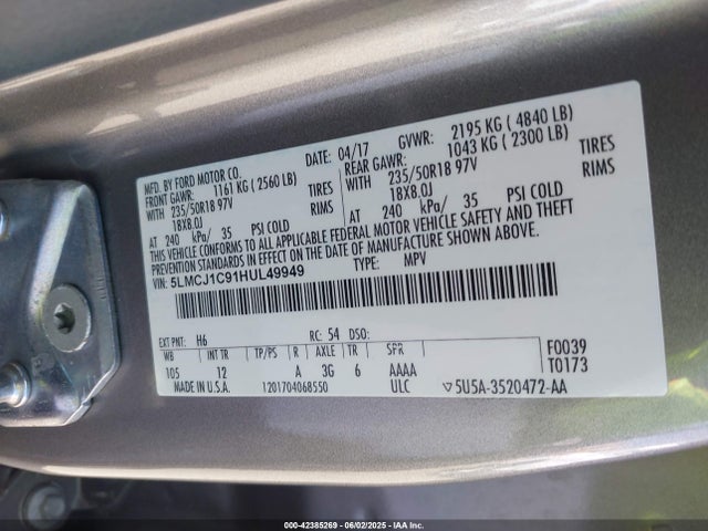 5LMCJ1C91HUL49949 Lincoln 2.0l ecoboost