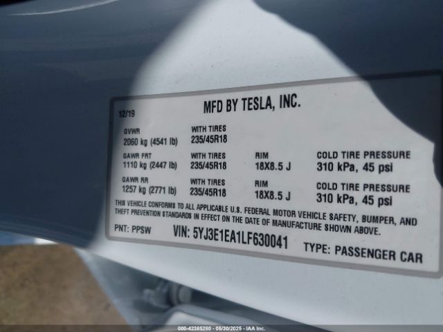 2020 TESLA MODEL 3 5YJ3E1EA1LF630041 Photo 8