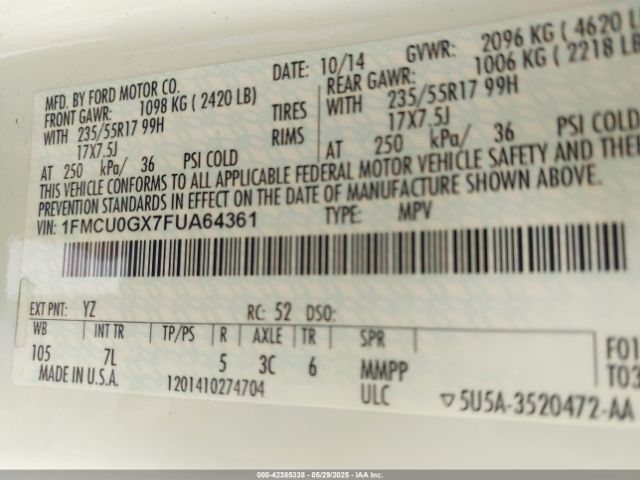 1FMCU0GX7FUA64361 Ford ESCAPE SE