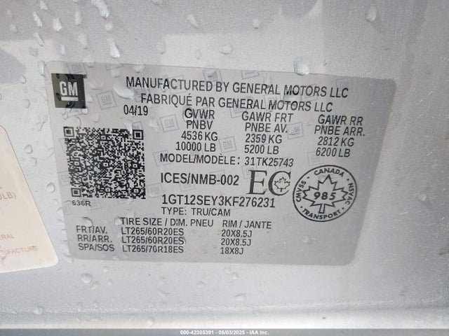 1GT12SEY3KF276231 GMC l5p - di, duramax, gen 5 var. 1