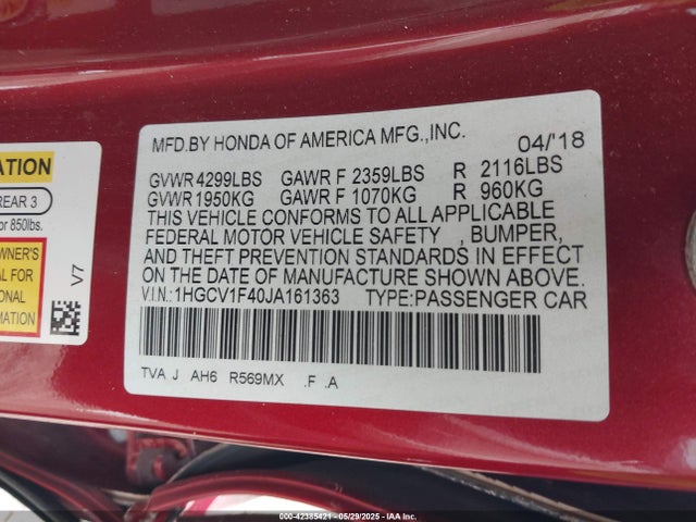 1HGCV1F40JA161363 Honda l15be