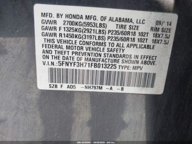 5FNYF3H71FB013225 Honda Pilot Ex-l