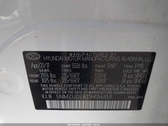 5NMZUDLB2JH056359 Hyundai gdi theta ii