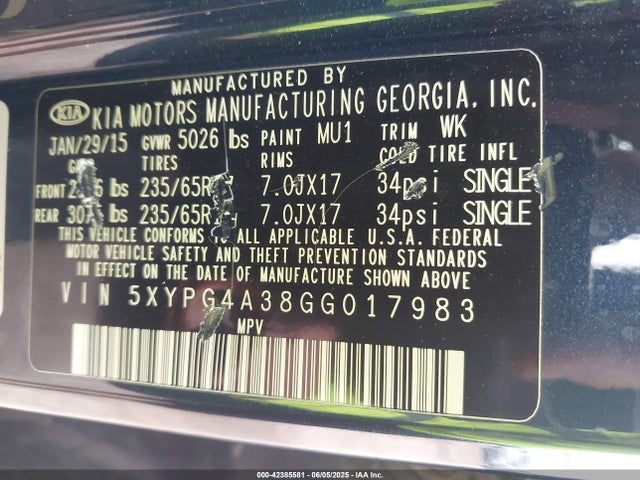 5XYPG4A38GG017983 KIA dohc gdi theta ii