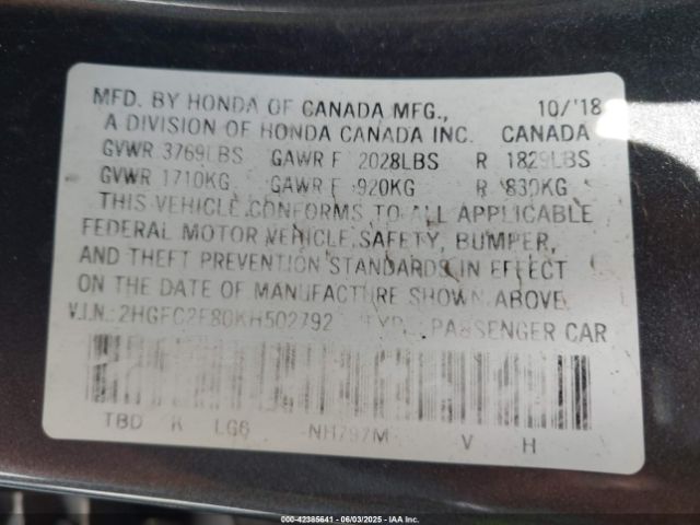 2HGFC2F80KH502792 Honda Civic Sport