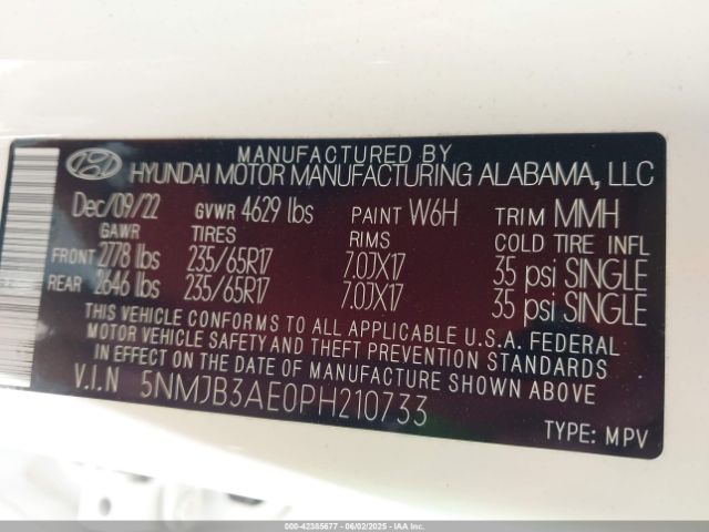 5NMJB3AE0PH210733 Hyundai TUCSON SEL