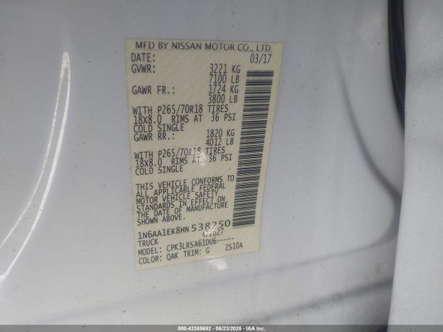 1N6AA1EK8HN538250 Nissan TITAN S