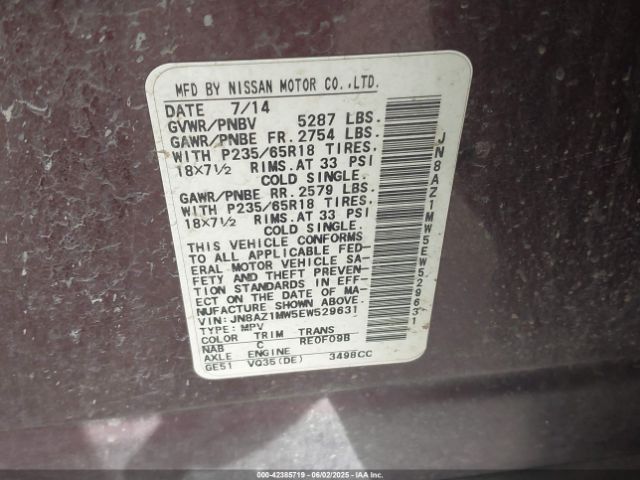 JN8AZ1MW5EW529631 Nissan MURANO SL