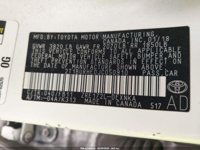 2T1BURHE0JC050910 Toyota 2zr-fe