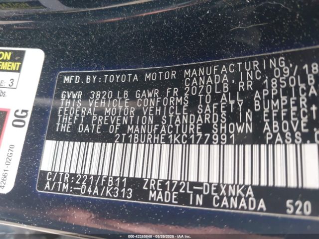 2019 TOYOTA COROLLA 2T1BURHE1KC177991 Photo 8