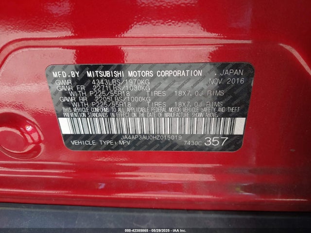Mitsubishi 2.0 dohc mivec 2017 JA4AP3AU0HZ015019 Image 9