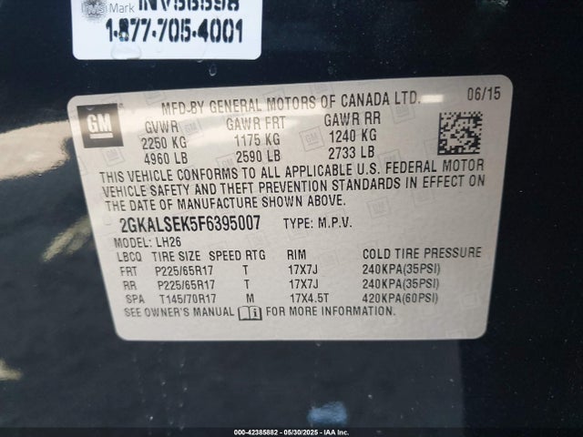 2GKALSEK5F6395007 GMC lea - flex fuel (gas/alc), aluminum, ho,