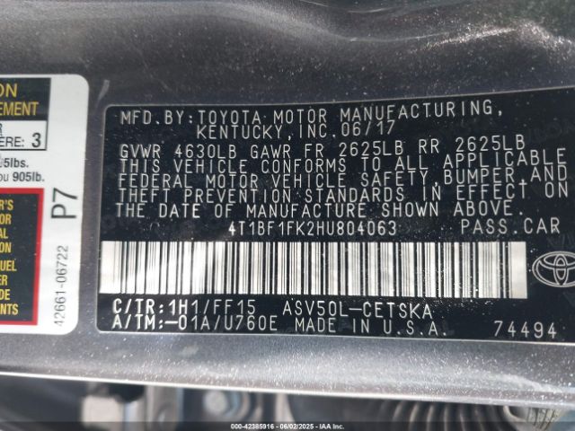 2017 TOYOTA CAMRY 4T1BF1FK2HU804063 Photo 8
