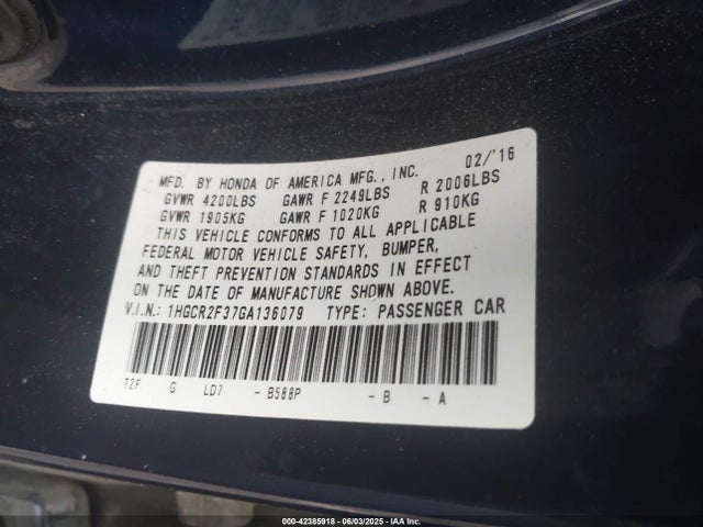 1HGCR2F37GA136079 Honda k24w1