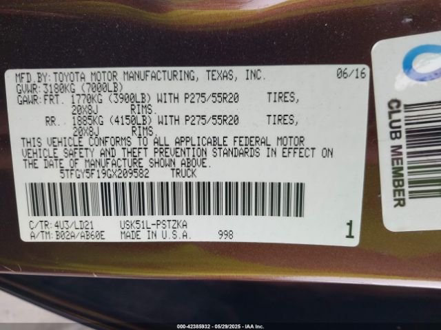 5TFGY5F19GX209582 Toyota Tundra 1794 5.7l V8