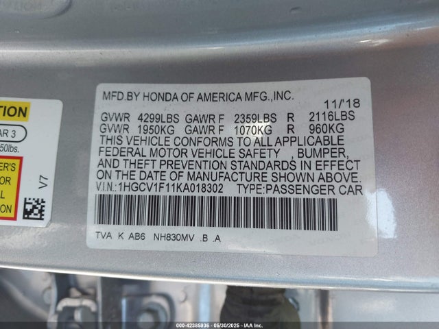1HGCV1F11KA018302 Honda l15be