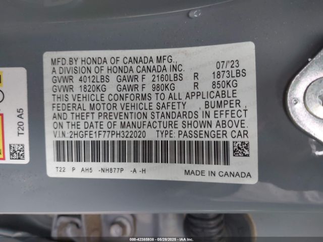 2HGFE1F77PH322020 Honda Civic Ex /ex W/o Bsi