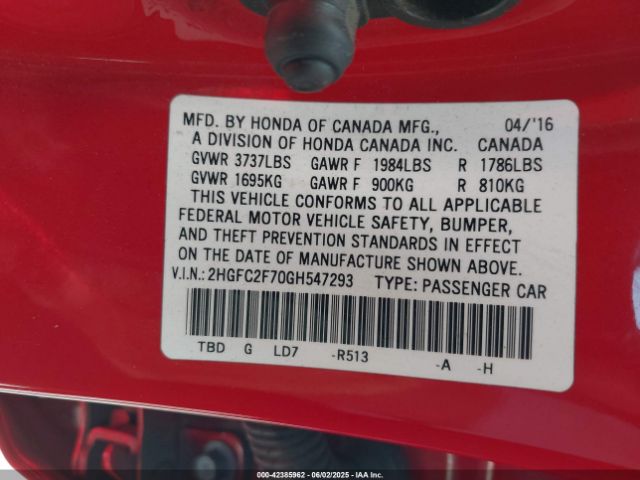 2HGFC2F70GH547293 Honda CIVIC EX