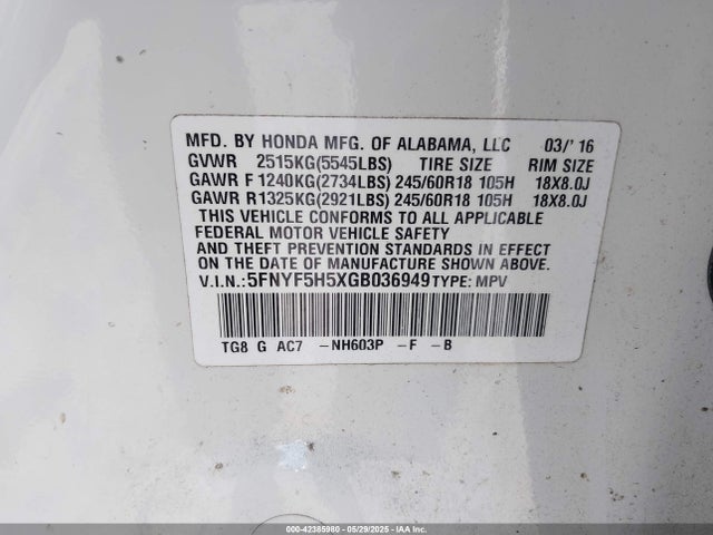 5FNYF5H5XGB036949 Honda j35y6