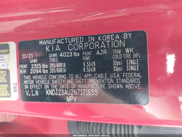 KNDJ23AU2N7171655 KIA mpi nu