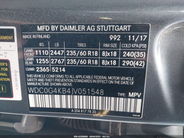 WDC0G4KB4JV051548 Mercedes-Benz m274