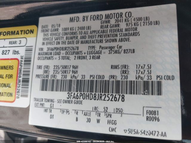 3FA6P0HD8JR252678 Ford FUSION SE
