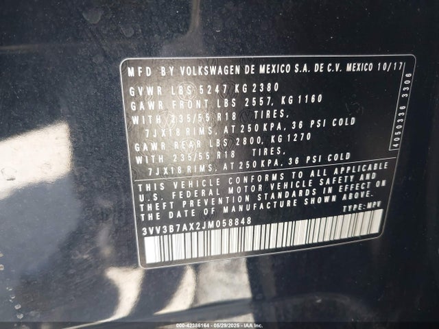 3VV3B7AX2JM058848 Volkswagen 2018