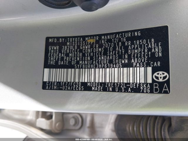 5YFBURHE3HP619405 Toyota Corolla L/le/se/se Special Edition/xle/xse