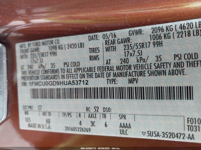 1FMCU0GD9HUA53712 Ford ESCAPE SE