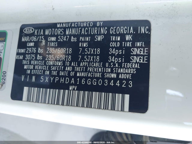 5XYPHDA16GG034423 KIA dohc t-gdi theta ii