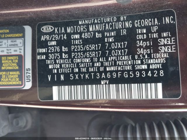 5XYKT3A69FG593428 KIA SORENTO LX