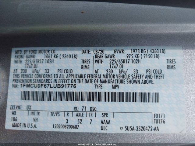 1FMCU0F67LUB91776 Ford ESCAPE S
