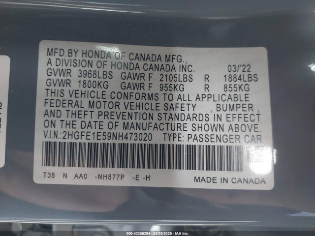 2HGFE1E59NH473020 Honda CIVIC SI SEDAN