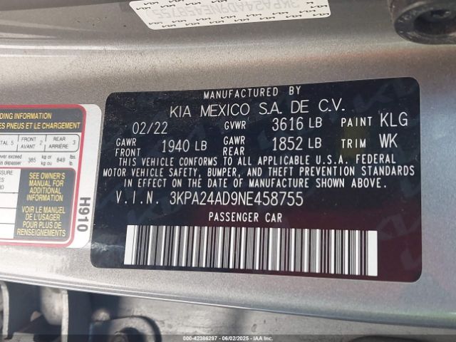 3KPA24AD9NE458755 KIA mpi gamma ii