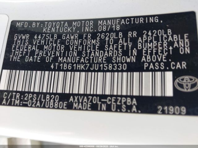4T1B61HK7JU158330 Toyota CAMRY XSE