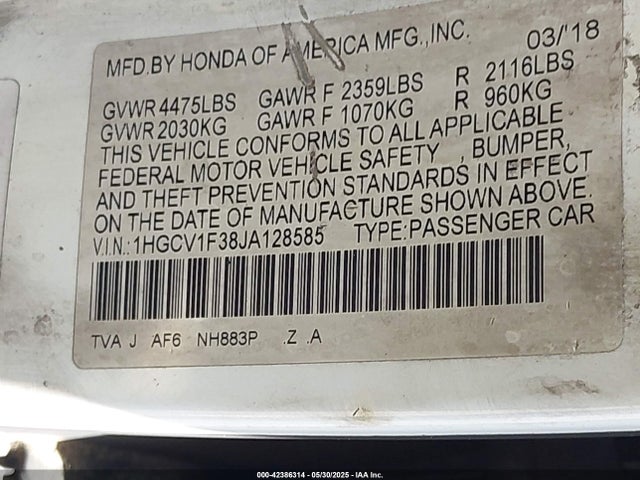 1HGCV1F38JA128585 Honda l15be