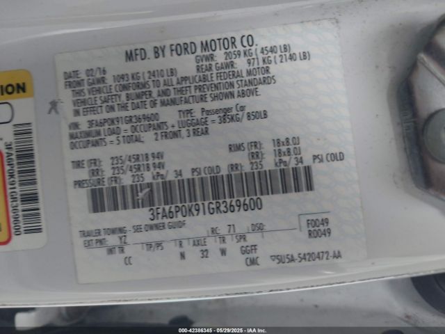 3FA6P0K91GR369600 Ford Fusion Titanium