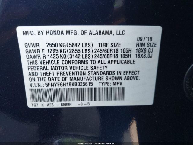 5FNYF6H19KB025615 Honda j35y6
