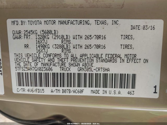 5TFSZ5AN7GX023606 Toyota 2gr-fks