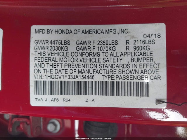 1HGCV1F33JA154446 Honda l15be