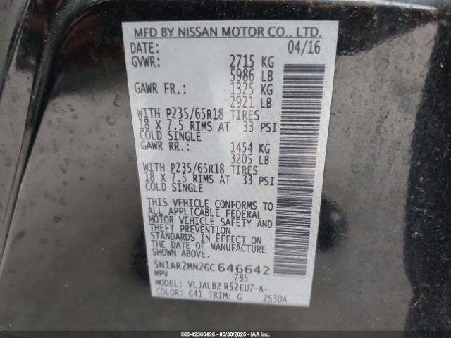 5N1AR2MN2GC646642 Nissan Pathfinder Platinum/s/sl/sv